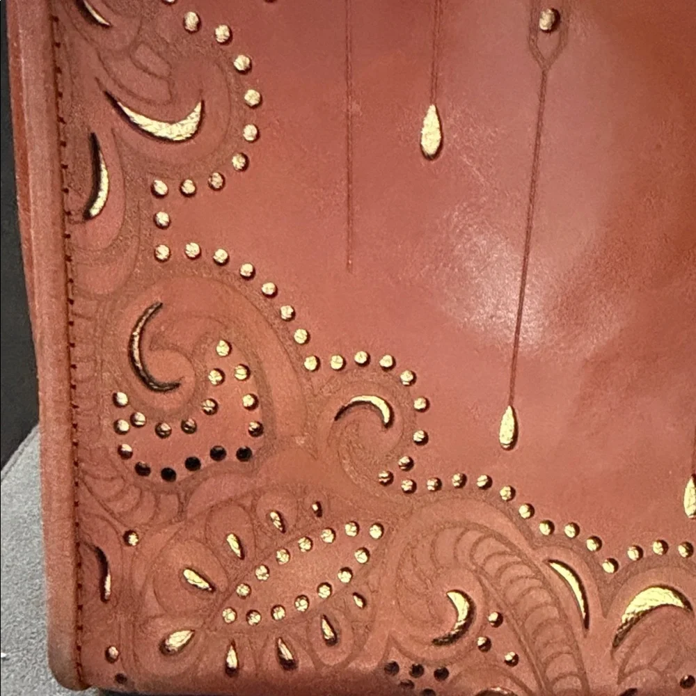 Patricia Nash Paris Leather Large Laser Cut Satchel Gold Boho